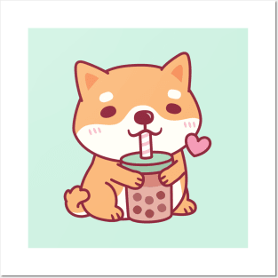 Cute Shiba Inu Dog Loves Bubble Tea Posters and Art